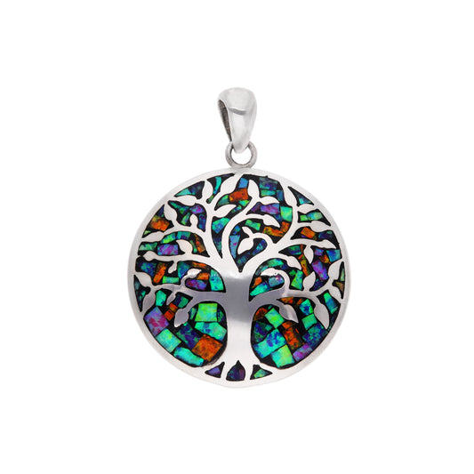 Dije Árbol de la Vida con ópalo negro multicolor en plata esterlina .925 — vista frontal sobre fondo blanco