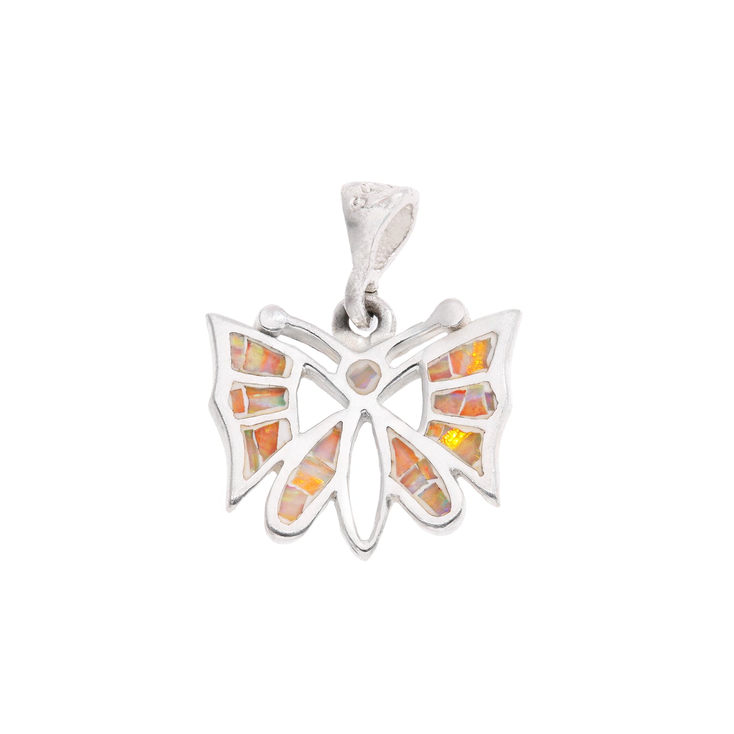 Dije Mariposa con ópalo rosa-naranja en plata esterlina .925 — vista frontal sobre fondo blanco