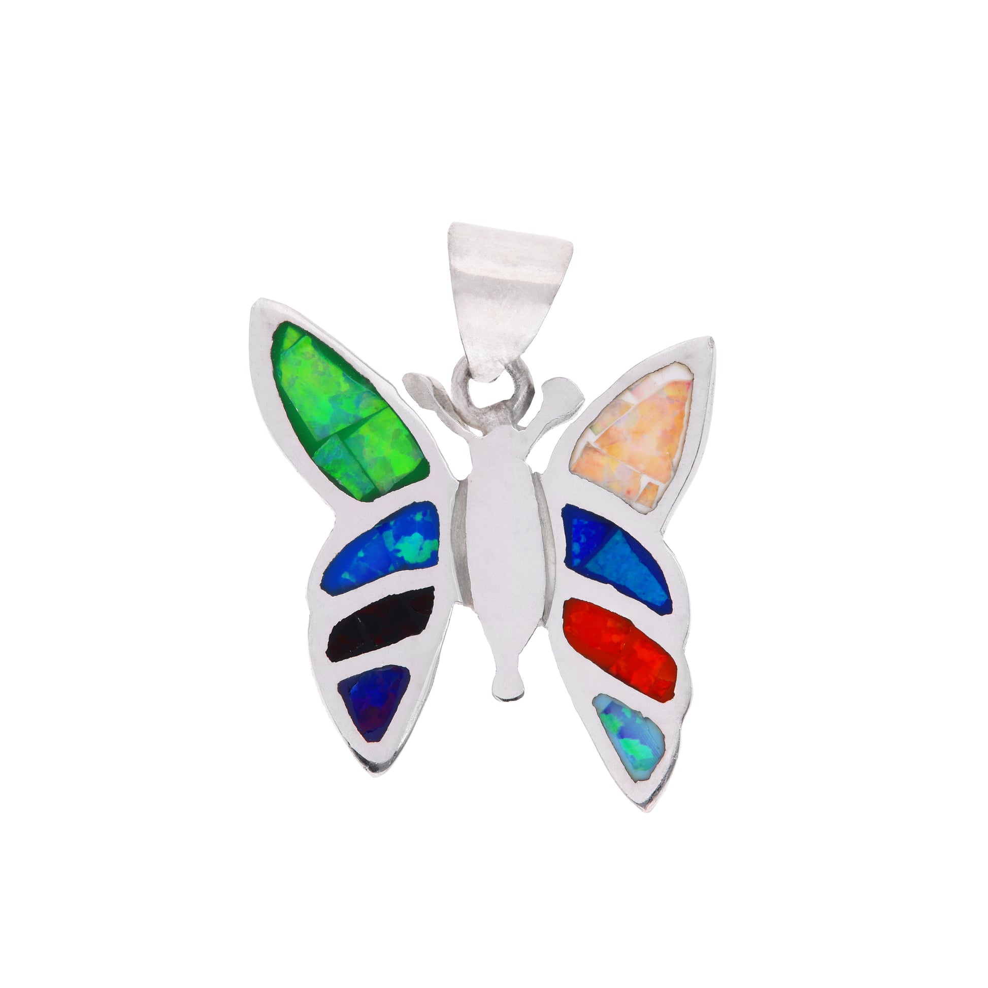 Dije Mariposa con ópalo multicolor en plata esterlina .925 — vista frontal sobre fondo blanco