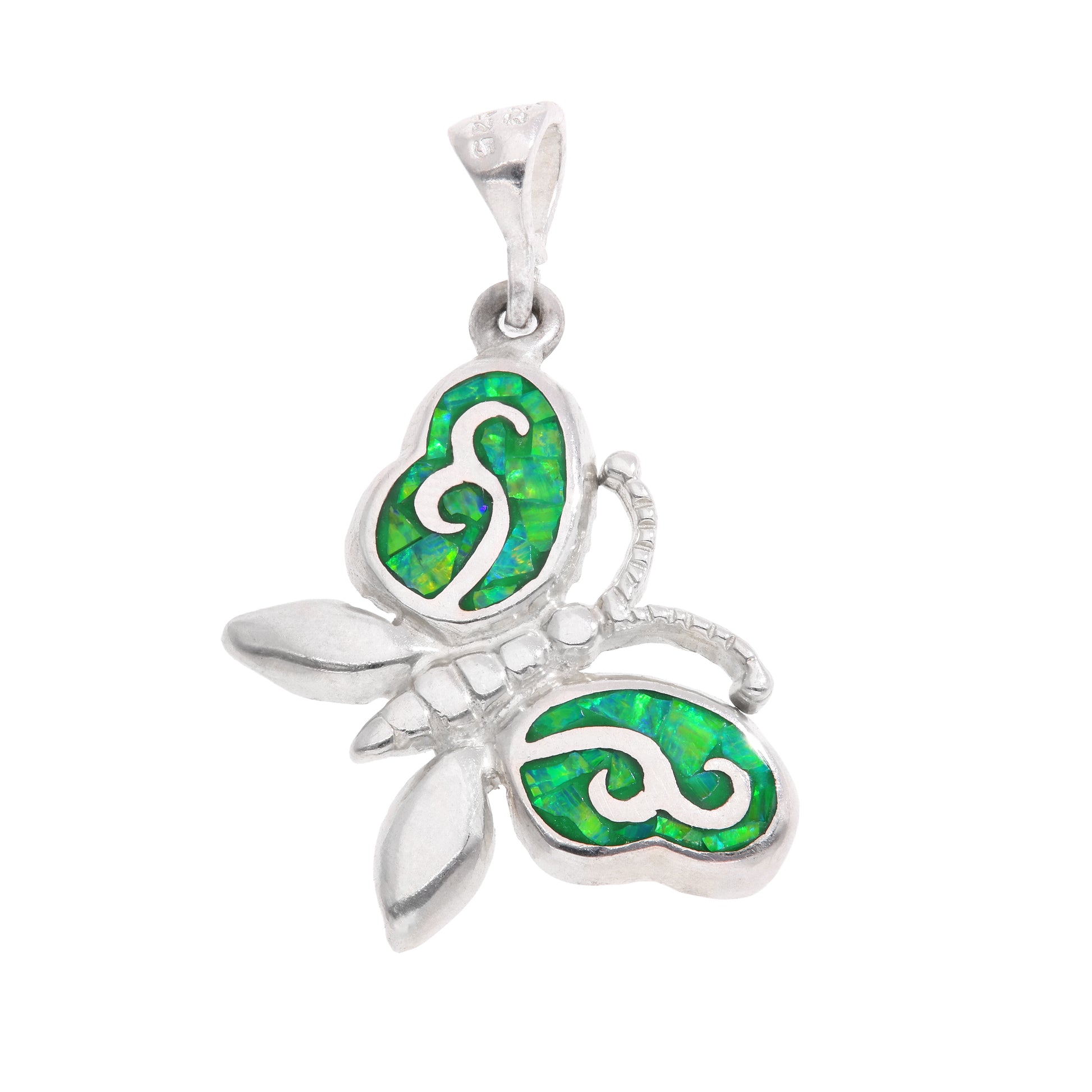 Dije Mariposa con ópalo verde esmeralda en plata esterlina .925 — vista frontal sobre fondo blanco