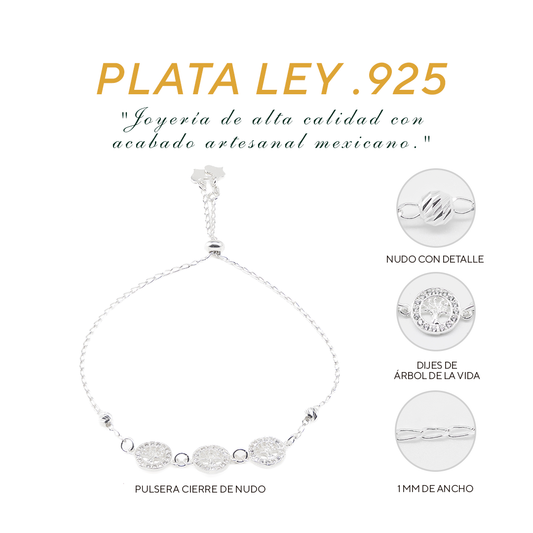 Pulsera Plata Ley.925 con Cadena de Bolitas Texturizadas y Triple Árbol de la Vida - Joyería Vida Mística