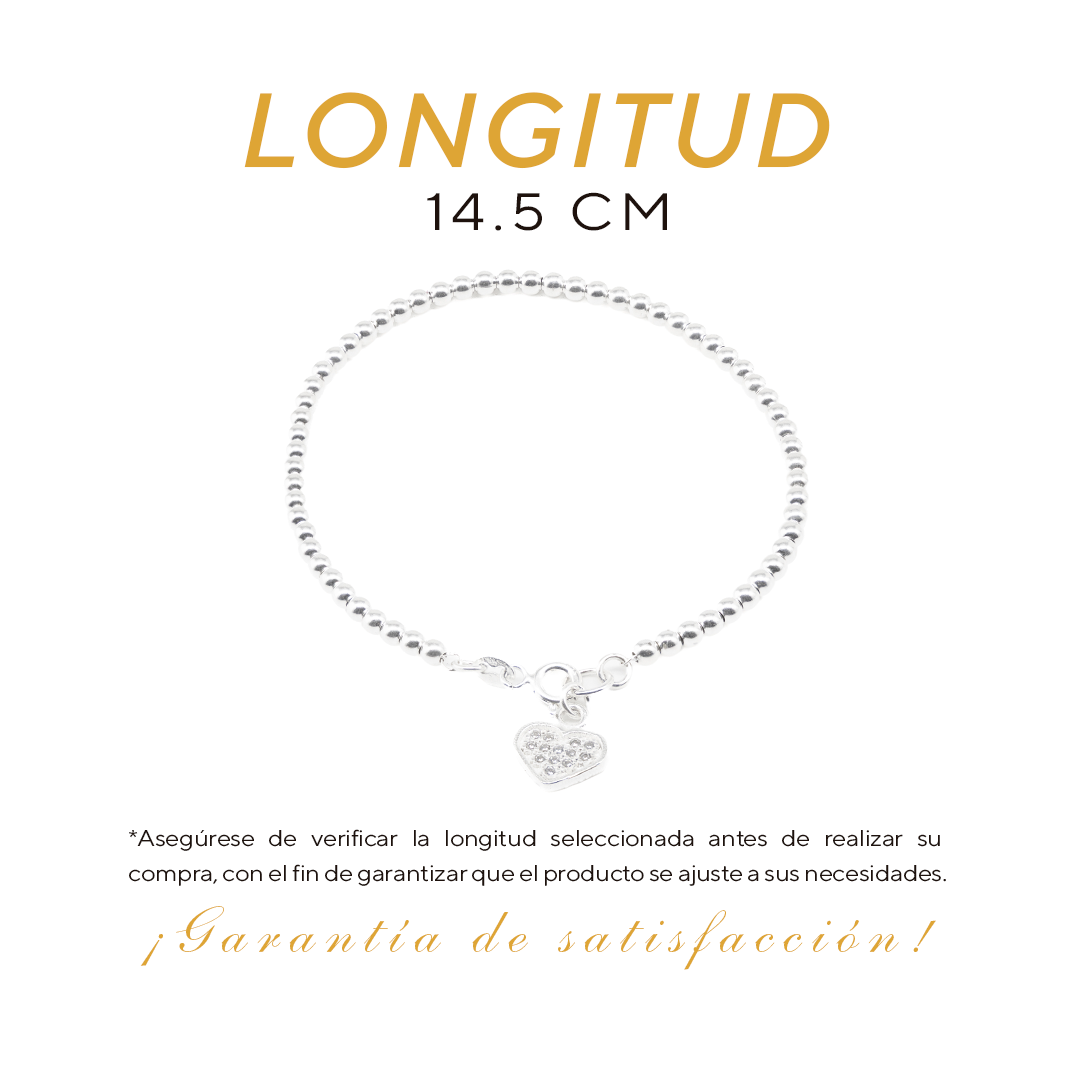 Pulso de Plata Ley .925 - Cuenta Plata con Dije de Corazón (2mm - 14.5cm)