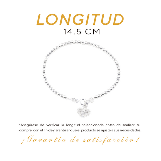 Pulso de Plata Ley .925 - Cuenta Plata con Dije de Corazón (2mm - 14.5cm)