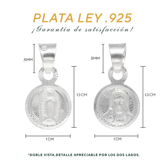 Set de Dije y Cadena de Plata Ley .925-  doble vista Virgen de Guadalupe y Sagrado Corazón  con Cadena Fígaro