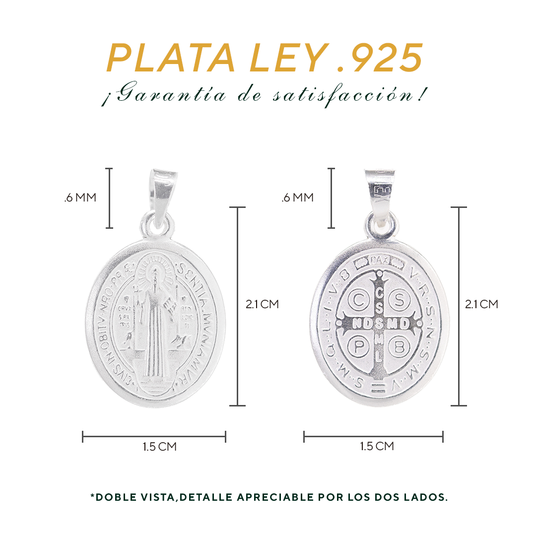 Set de Dije y Cadena de Plata - San Benito Grande Ovalado Doble Vista con Cadena Fígaro .925