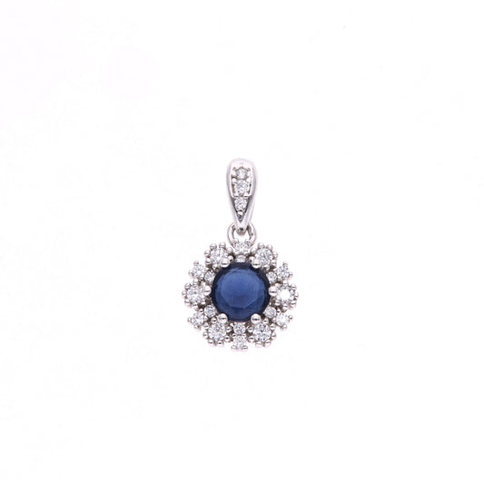 Dije Plata Ley 925 con Rodio y Zirconia AAA Color Azul Zafiro y Blanco Redondo