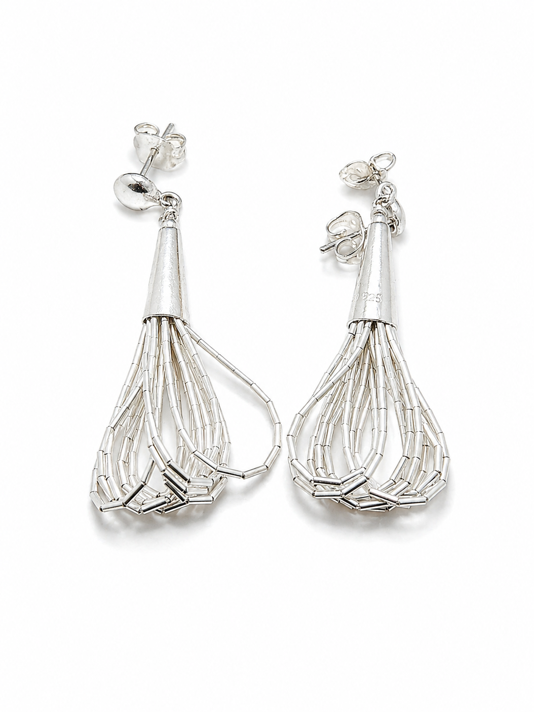Aretes de Plata .925 - Colgantes Multihilo Diez Hilos Gota Abierta Corta con Cadena de Tubo Hexagonal Facetado y Terminal Cónico Grande — Artesanía Taxco