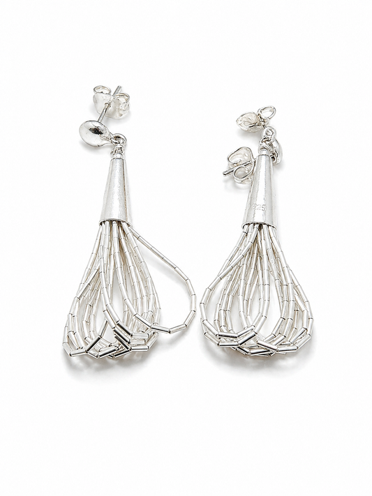 Aretes de Plata .925 - Colgantes Multihilo Diez Hilos Gota Abierta Corta con Cadena de Tubo Hexagonal Facetado y Terminal Cónico Grande — Artesanía Taxco