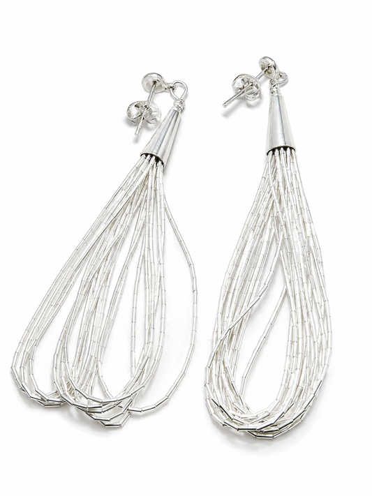 Aretes de Plata .925 - Colgantes Largos Multihilo Gota Abierta con Cadena de Tubo Hexagonal Facetado y Terminal Cónico — Artesanía Taxco