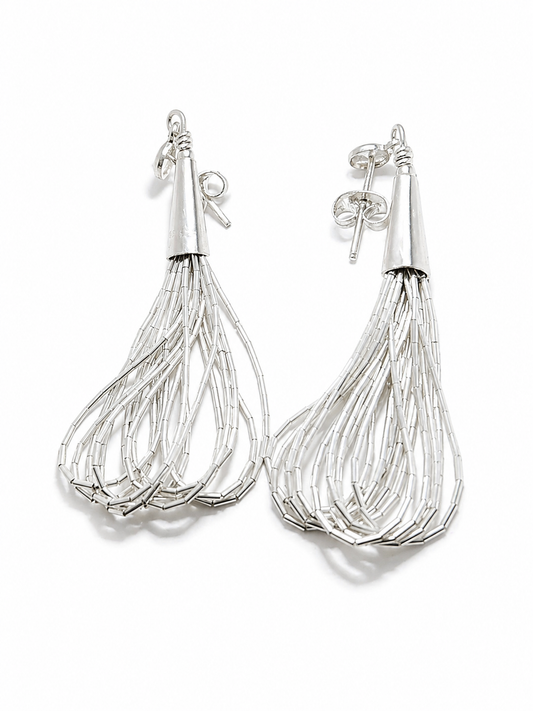 Aretes de Plata .925 - Colgantes Multihilo Gota Abierta Mediana con Cadena de Tubo Hexagonal Facetado y Terminal Cónico con Argolla — Artesanía Taxco