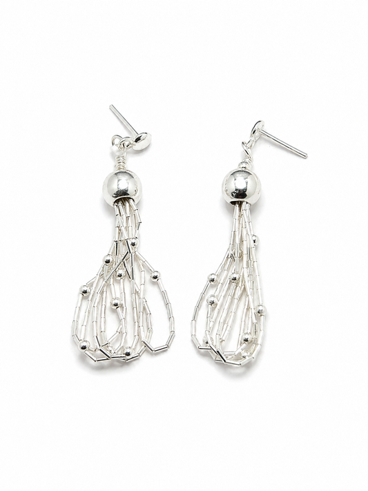 Aretes de Plata .925 - Colgantes Multihilo Cascada Abierta en Gota con Esferas Flotantes y Bola Superior — Artesanía Taxco