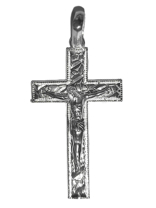 Crucifijo de Plata .925 - Clásico con Borde Milgrain, Cristo en Altorrelieve e INRI