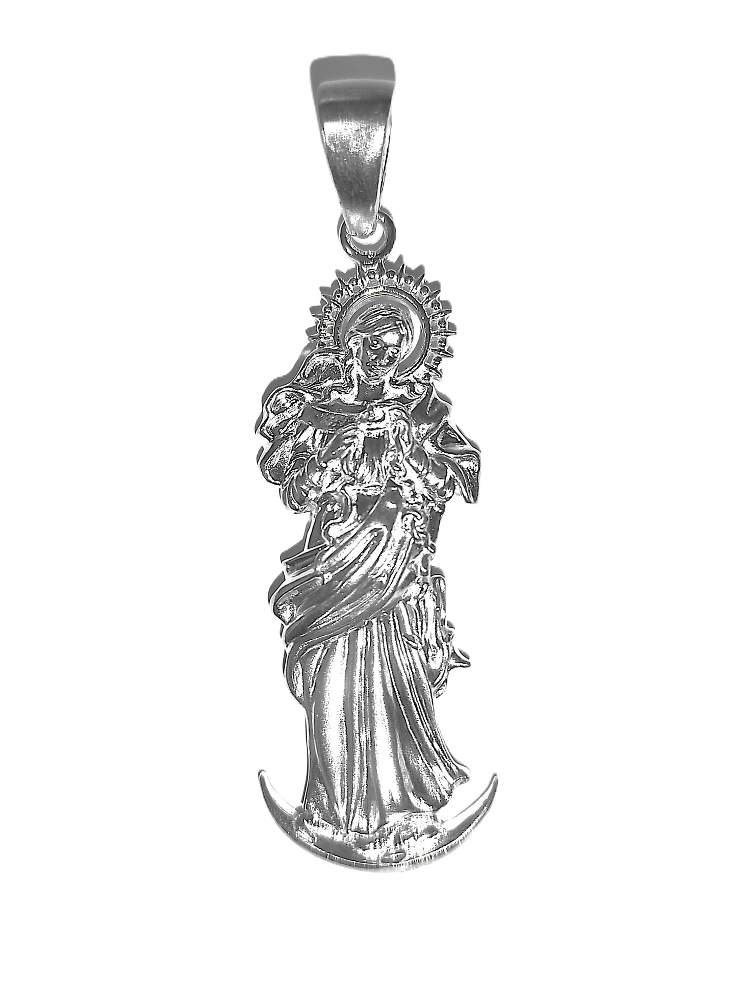 Dije de Plata .925 - Virgen Desatadora de Nudos de Cuerpo Completo con Luna Creciente