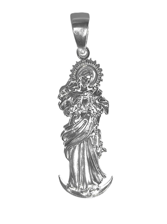 Dije de Plata .925 - Virgen Desatadora de Nudos de Cuerpo Completo con Luna Creciente