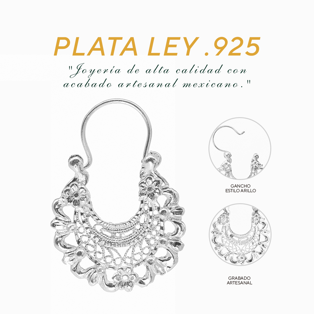 Aretes Plata .925 de Aro Abierto Borde Floreado 6.8 Gramos - Joyería Elegante