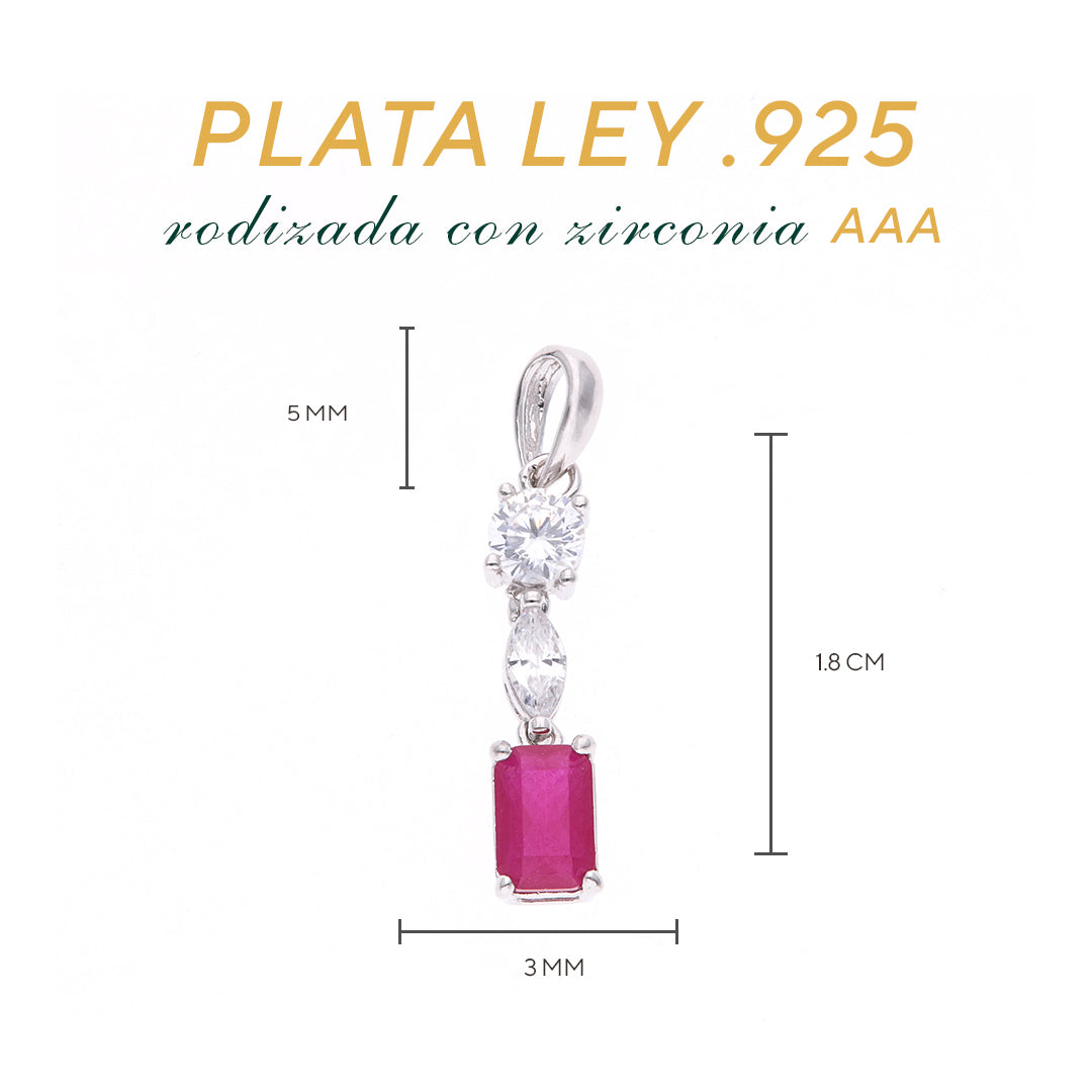 DIJE EN PLATA LEY .925, CON RODIO , ZIRCONIA AAA ROJO RUBI Y BLANCO