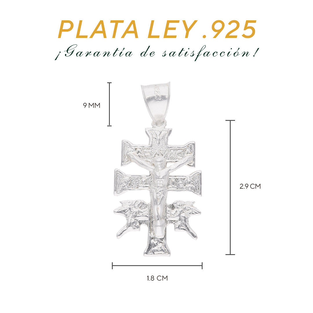 Cruz caravaca plata ley .925, vista con longitud y proporciones