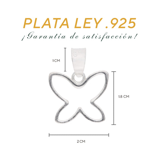 Medidas del dije mariposa calada: 1.8 cm alto × 2 cm ancho, argolla 1 cm – Plata Ley .925
