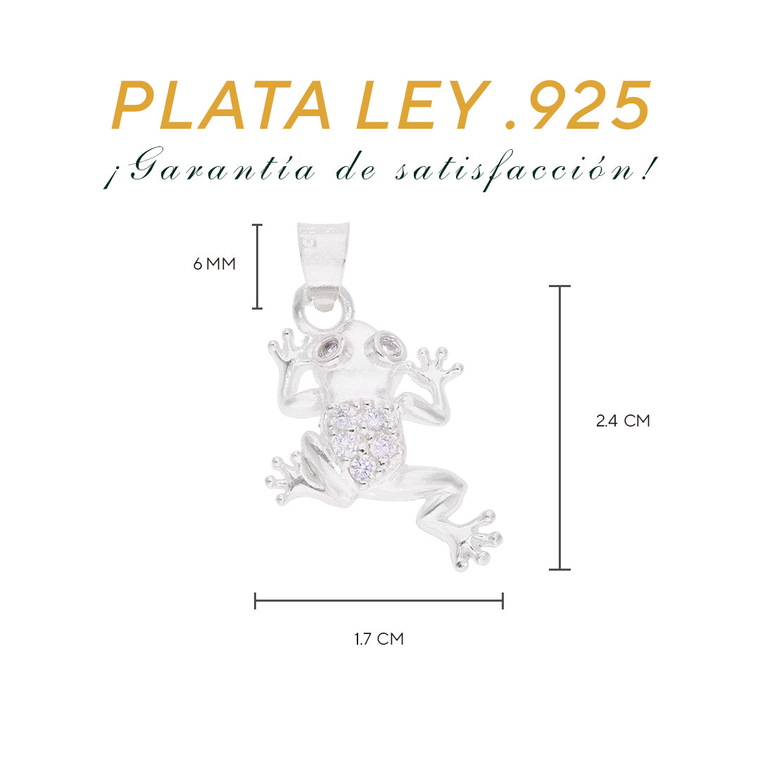 Medidas del dije rana: 2.4 cm alto × 1.7 cm ancho, argolla 6 mm – Plata Ley .925