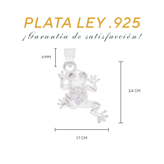 Medidas del dije rana: 2.4 cm alto × 1.7 cm ancho, argolla 6 mm – Plata Ley .925
