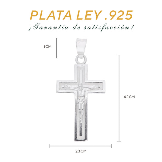Medidas del dije crucifijo: 4.2 cm alto × 2.3 cm ancho, argolla 1 cm – Plata Ley .925