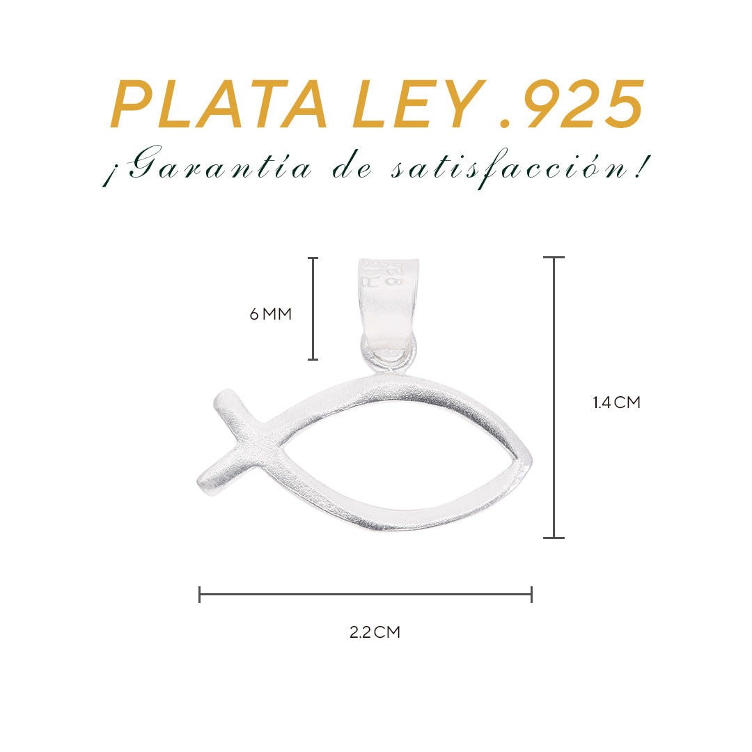 Medidas del dije Ichthys: 1.4 cm alto × 2.2 cm ancho, argolla 6 mm – Plata Ley .925