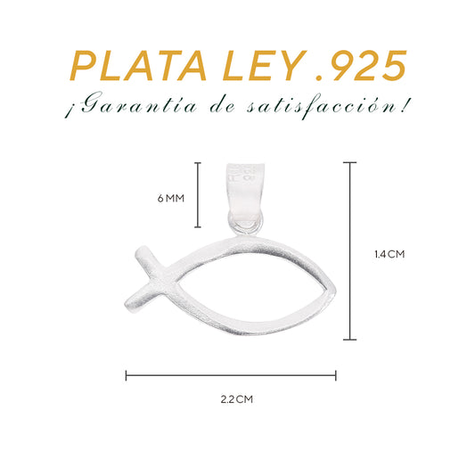Medidas del dije Ichthys: 1.4 cm alto × 2.2 cm ancho, argolla 6 mm – Plata Ley .925