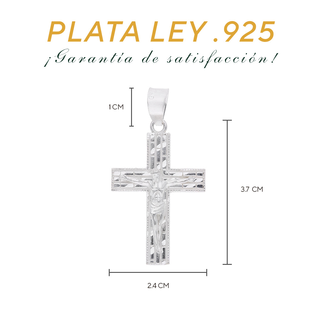 Medidas del crucifijo filigrana: 3.7 cm alto × 2.4 cm ancho, argolla 1 cm – Plata Ley .925