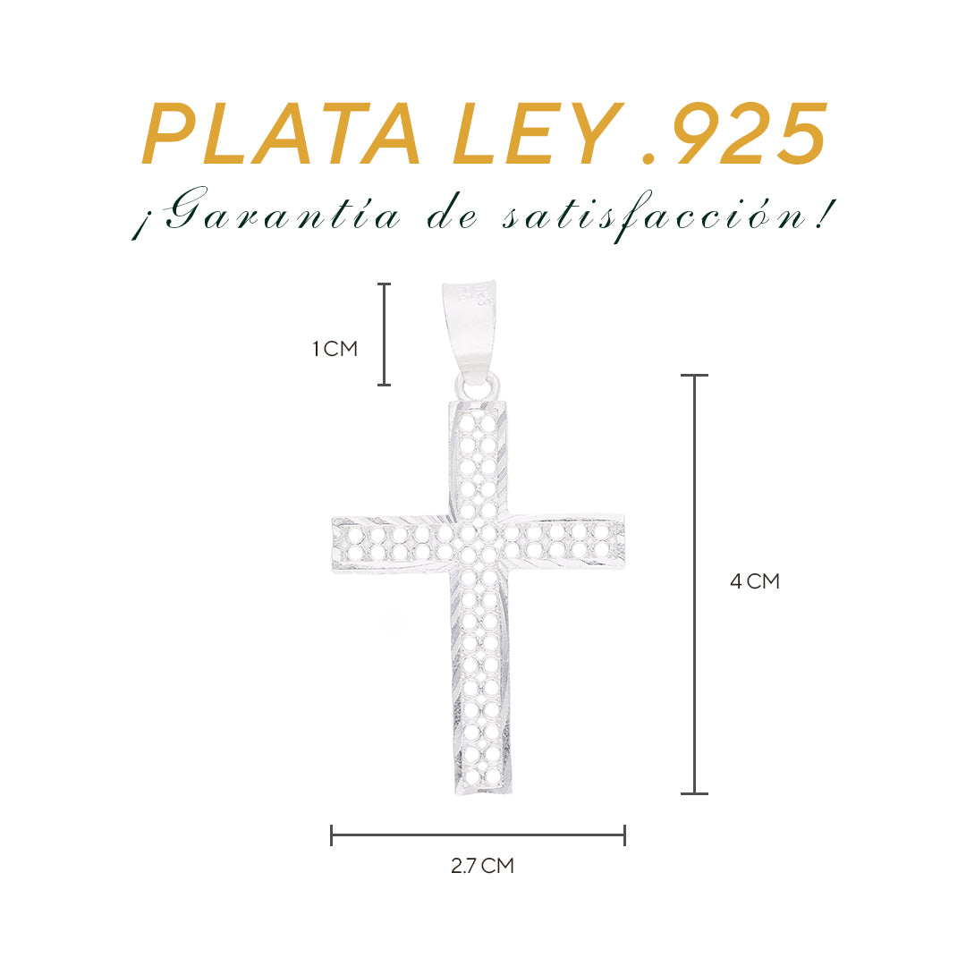 Medidas de la cruz calada panal: 4 cm alto × 2.7 cm ancho, argolla 1 cm – Plata Ley .925