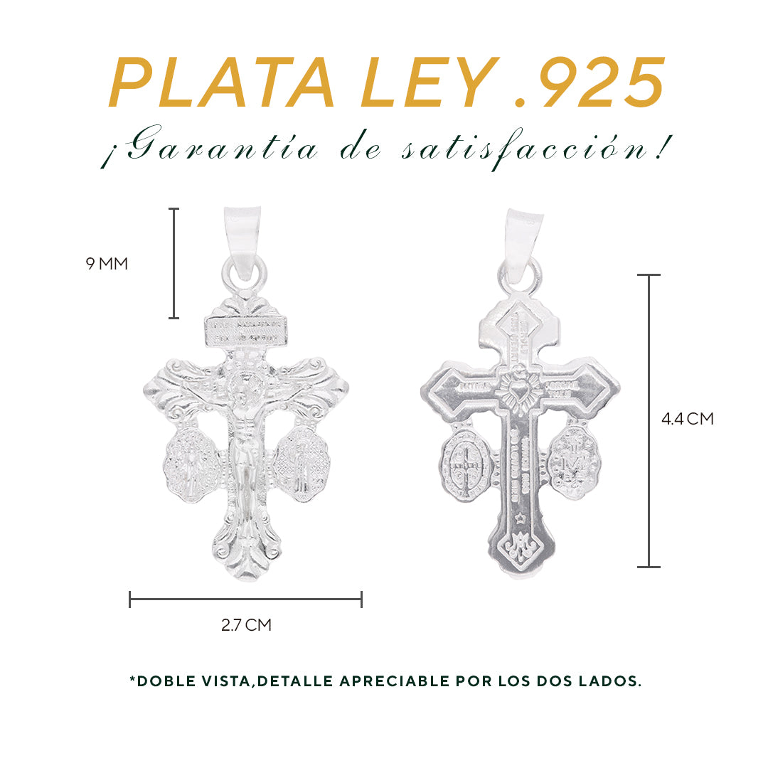 Medidas del crucifijo doble vista: 4.4 cm alto × 2.7 cm ancho, argolla 9 mm – Plata Ley .925