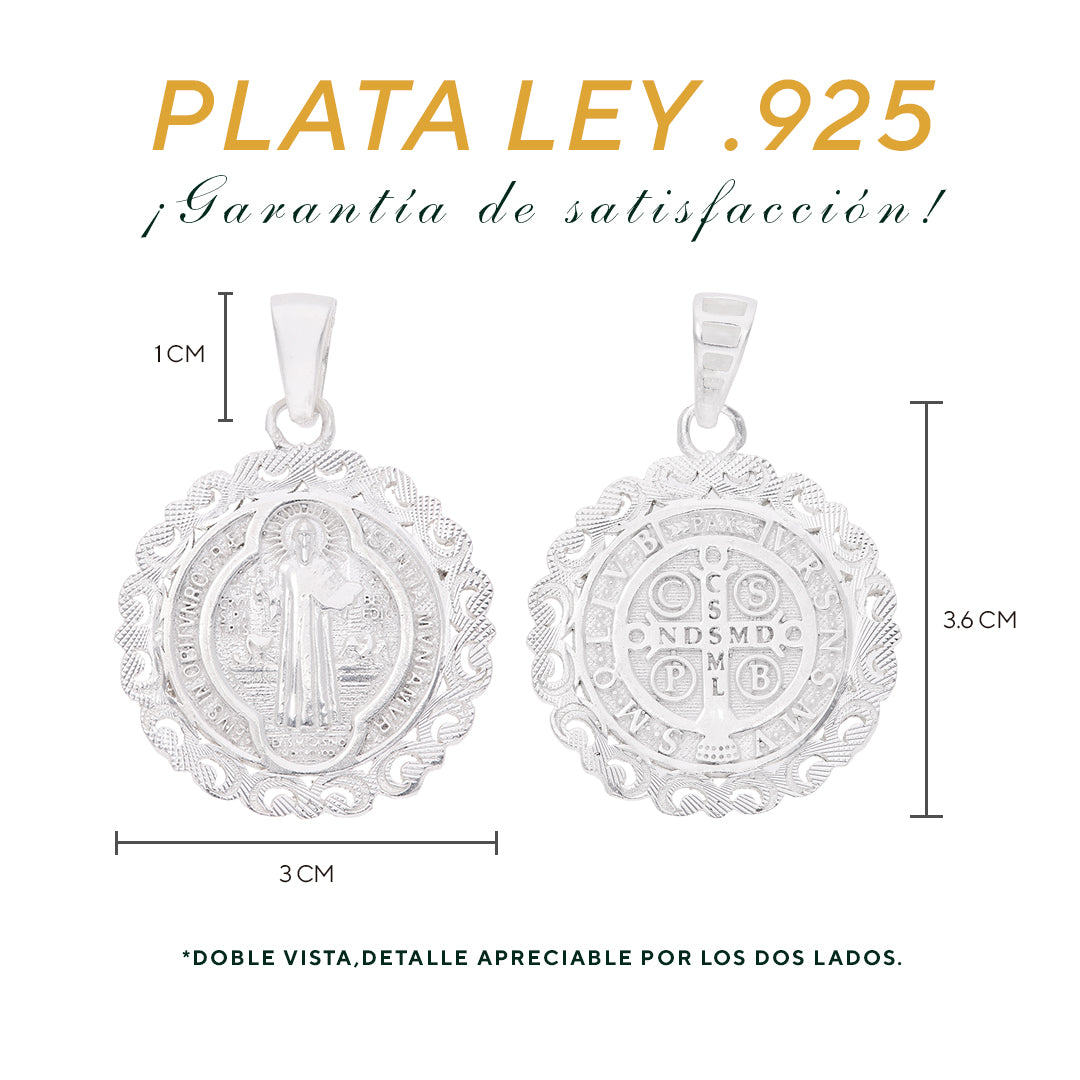 Medidas de la medalla San Benito: 3.6 cm alto × 3 cm ancho, argolla 1 cm – Plata Ley .925 doble vista