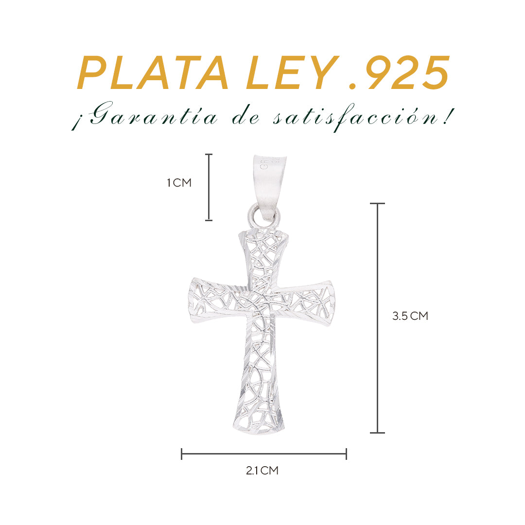 Medidas de la cruz calada: 3.5 cm alto × 2.1 cm ancho, argolla 1 cm – Plata Ley .925