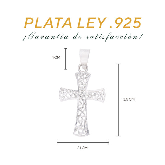 Medidas de la cruz calada: 3.5 cm alto × 2.1 cm ancho, argolla 1 cm – Plata Ley .925