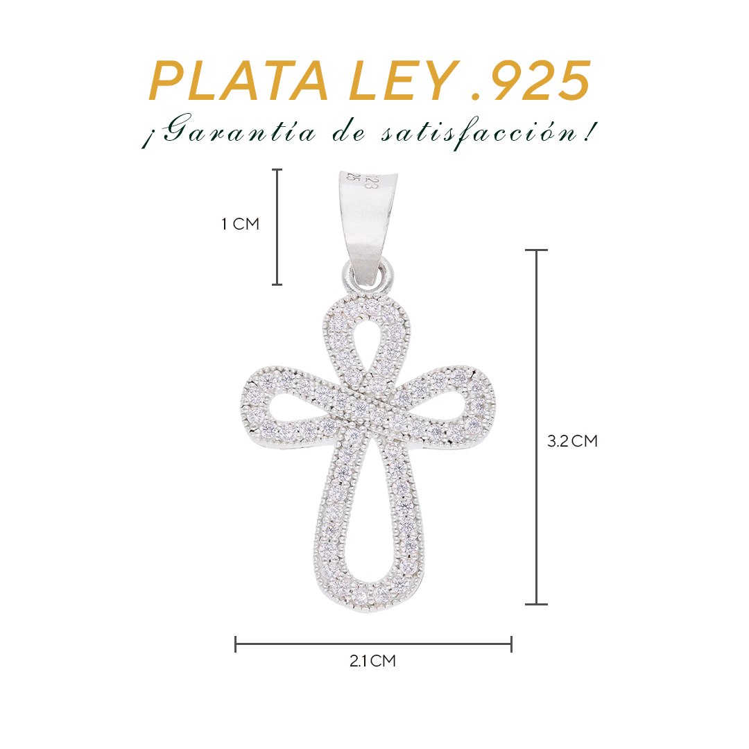 Medidas del dije cruz: 3.2 cm alto × 2.1 cm ancho — Plata Ley .925