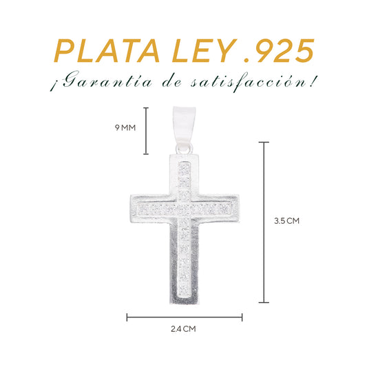 Medidas de la cruz doble capa: 3.5 cm alto × 2.4 cm ancho, argolla 9 mm – Plata Ley .925