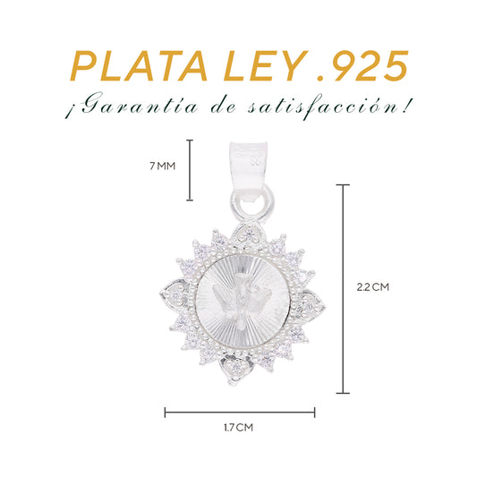 Medidas del dije Espíritu Santo: 2.2 cm alto × 1.7 cm ancho, argolla 7 mm – Plata Ley .925