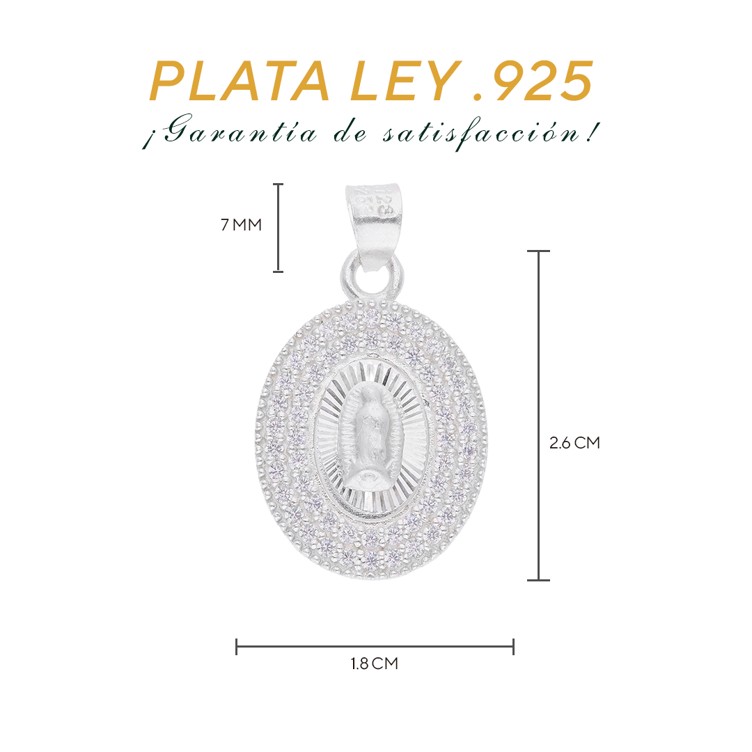 Medidas de la medalla chica: 2.6 cm alto × 1.8 cm ancho, argolla 7 mm — Plata Ley .925