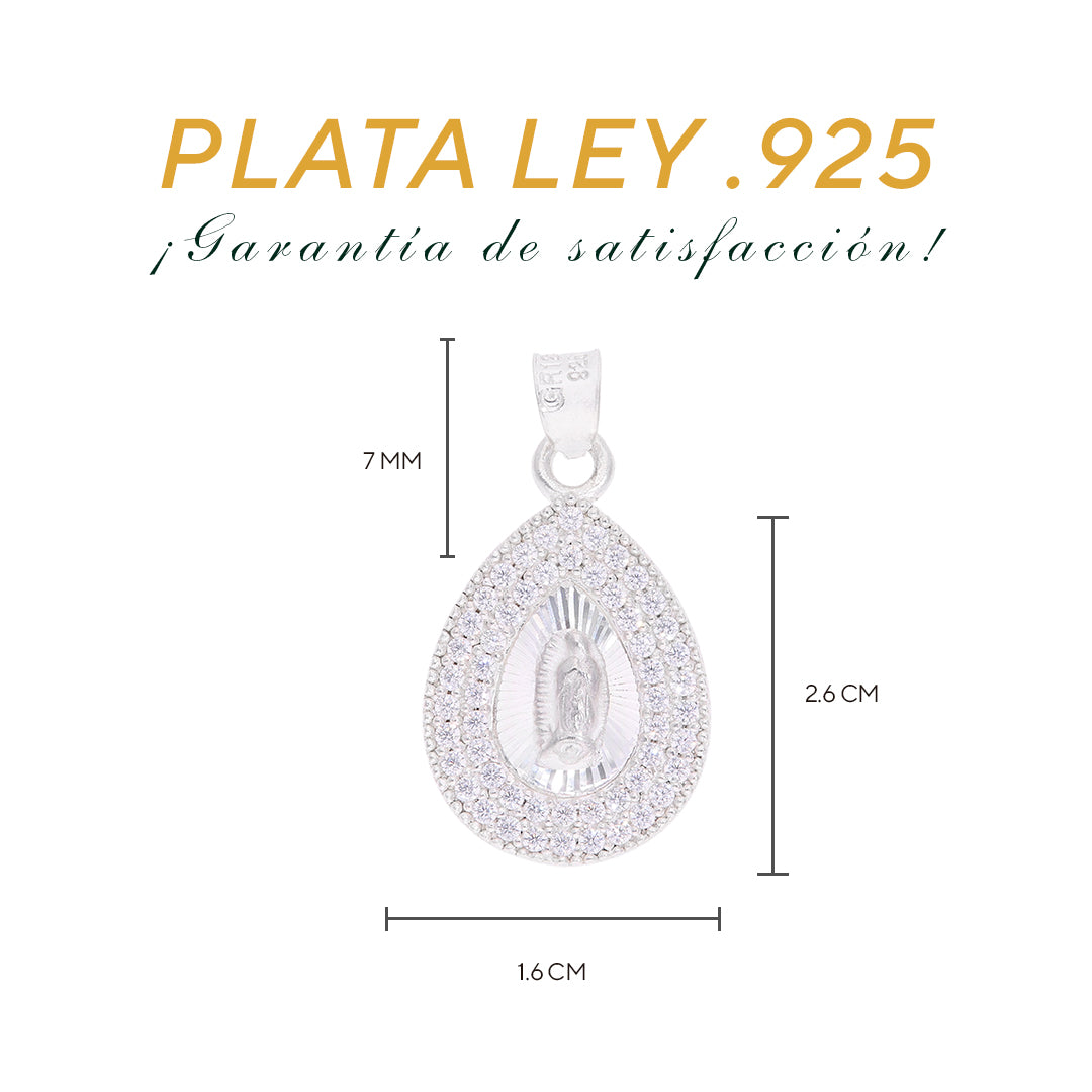 Medidas del dije Virgen Guadalupe lágrima: 2.6 cm alto × 1.6 cm ancho, argolla 7 mm – Plata Ley .925
