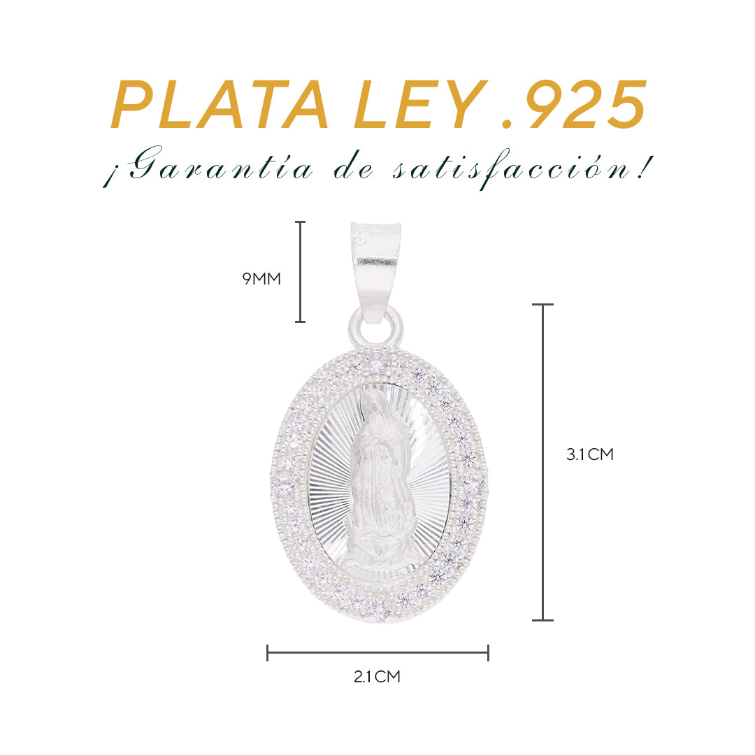 Medidas del dije: 3.1 cm alto × 2.1 cm ancho, bailén 9 mm — Plata Ley .925