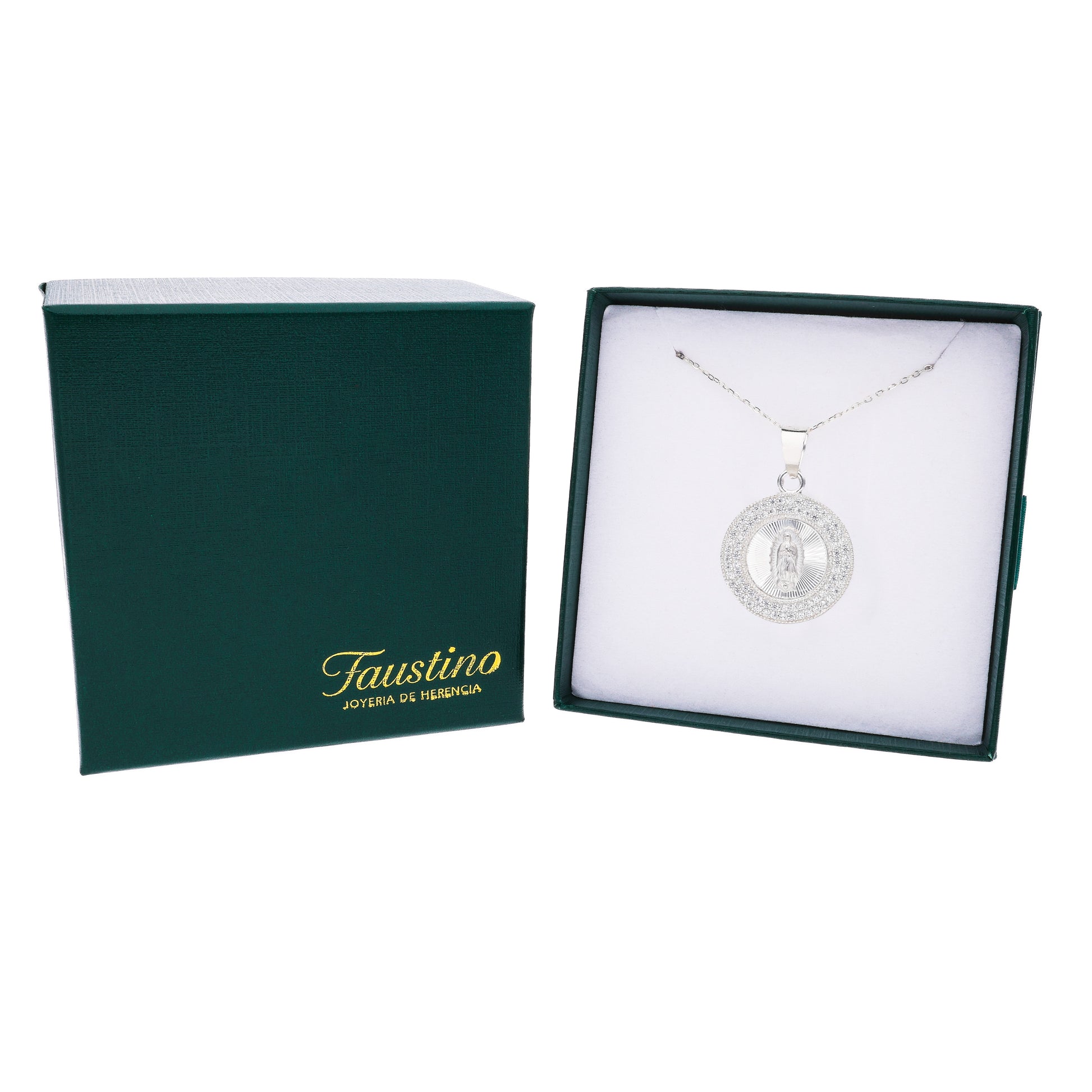 Medalla Virgen de Guadalupe doble halo pavé plata .925 en caja Faustino Joyería de Herencia