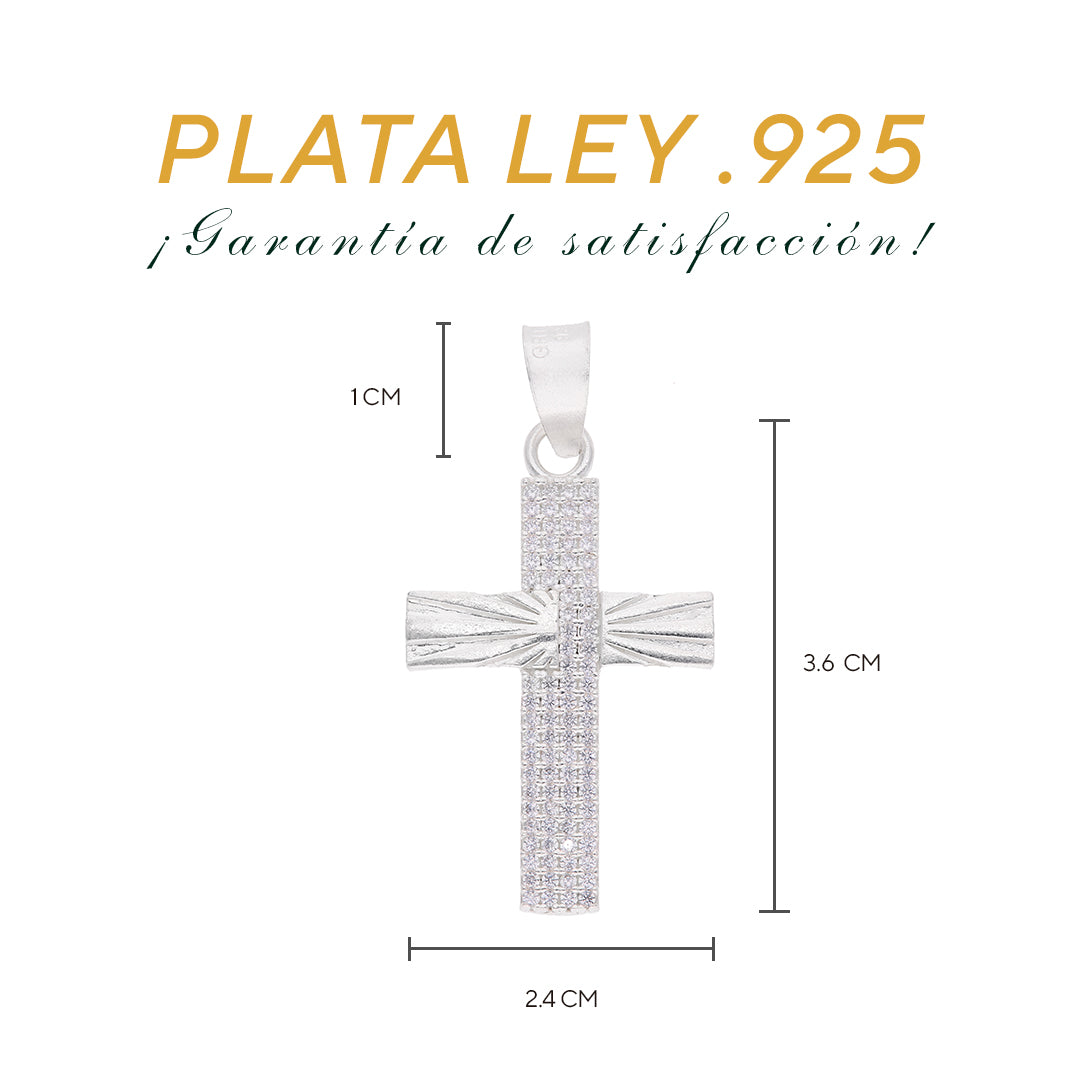 Medidas del dije cruz: 3.6 cm alto × 2.4 cm ancho, bailén 1 cm — Plata Ley .925