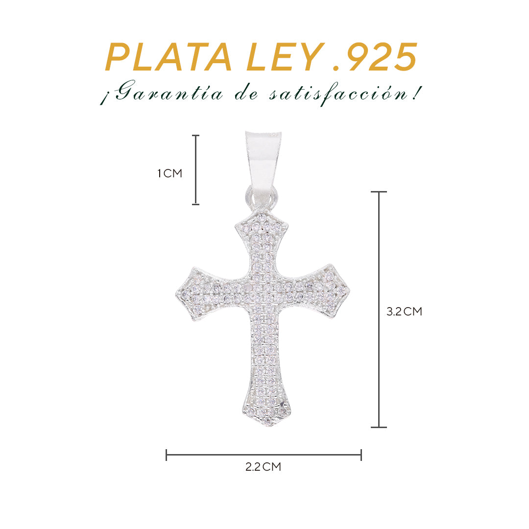 Medidas del dije cruz gótica: 3.2 cm alto × 2.2 cm ancho, argolla 1 cm — Plata Ley .925