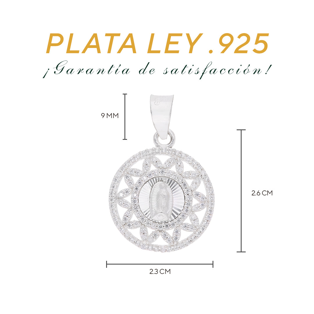 Medidas de la medalla Virgen Guadalupe mandala: 2.6 cm alto × 2.3 cm ancho, argolla 9 mm – Plata Ley .925