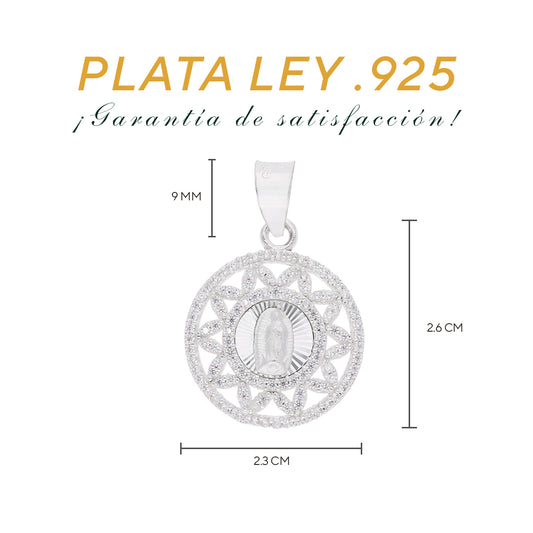 Medidas de la medalla Virgen Guadalupe mandala: 2.6 cm alto × 2.3 cm ancho, argolla 9 mm – Plata Ley .925