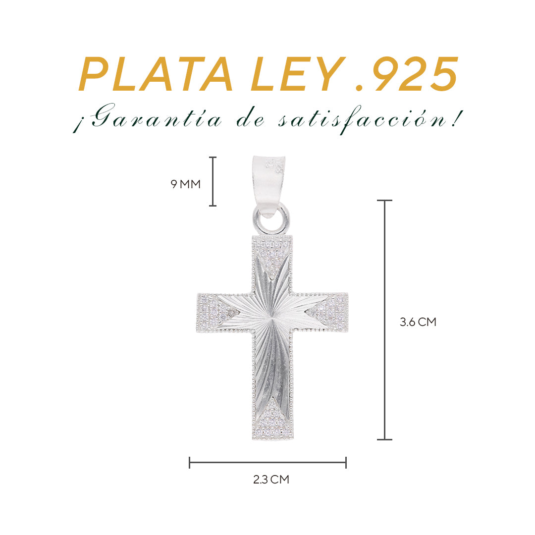 Medidas del dije cruz: 3.6 cm alto × 2.3 cm ancho, bailén 9 mm — Plata Ley .925