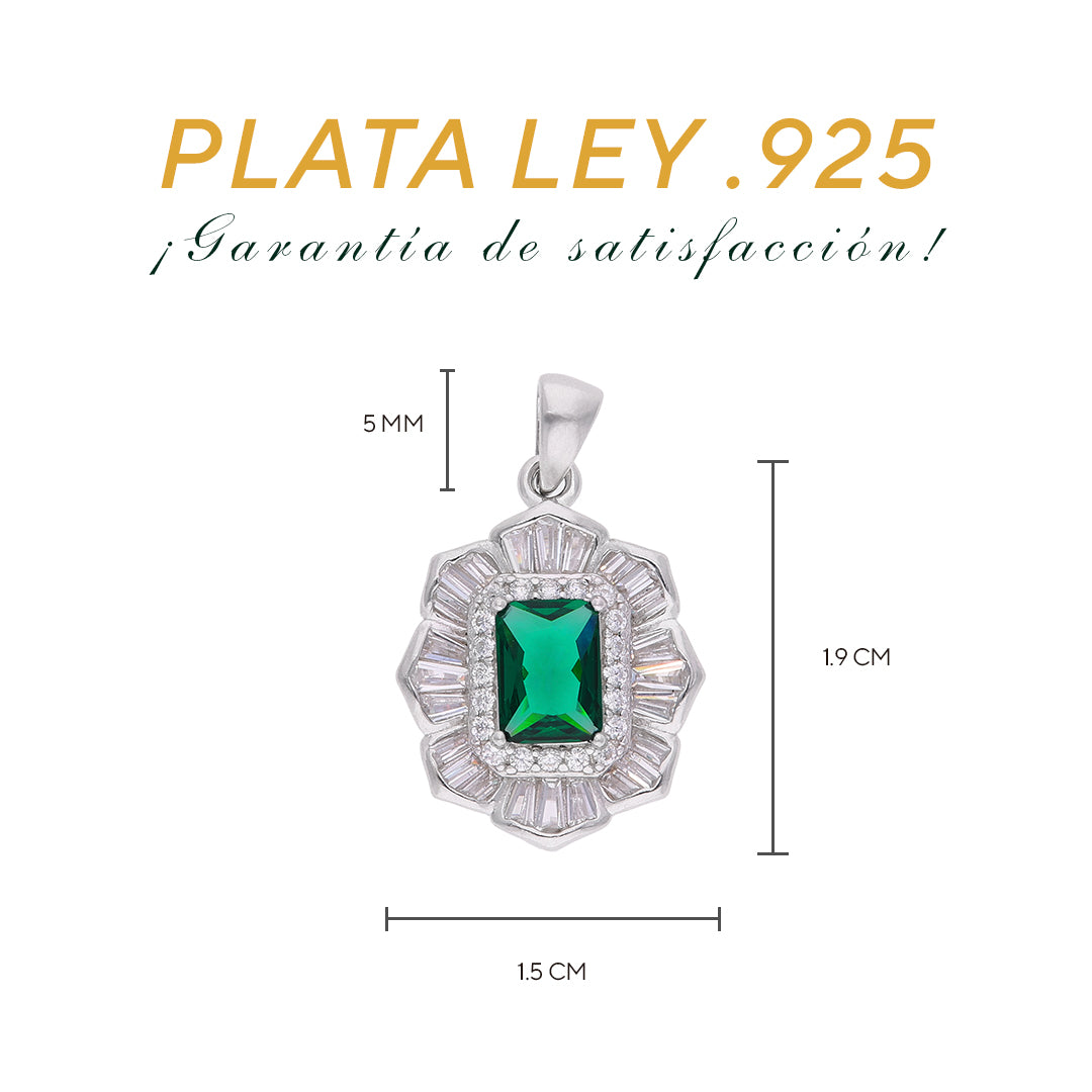 Dije Flor Art Déco con Esmeralda Corte Esmeralda y Zircones Baguette — Plata .925