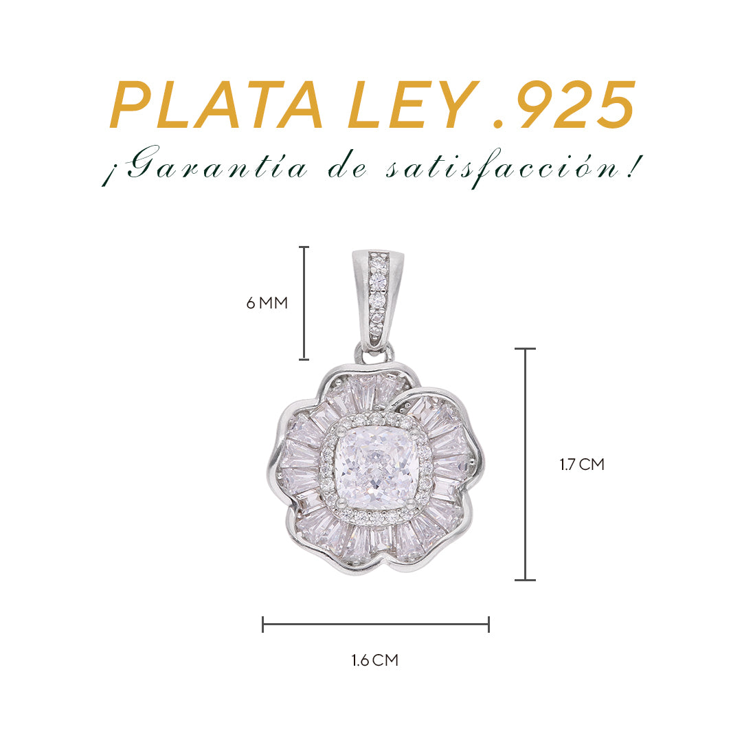 Dije Flor Art Déco con Zircón Blanco Cushion y Baguettes — Plata .925