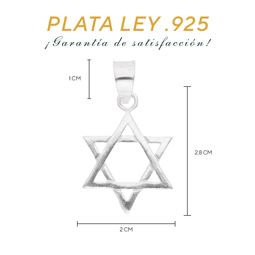 Medidas del dije Estrella de David: 2.8 cm alto × 2 cm ancho, argolla 1 cm – Plata Ley .925