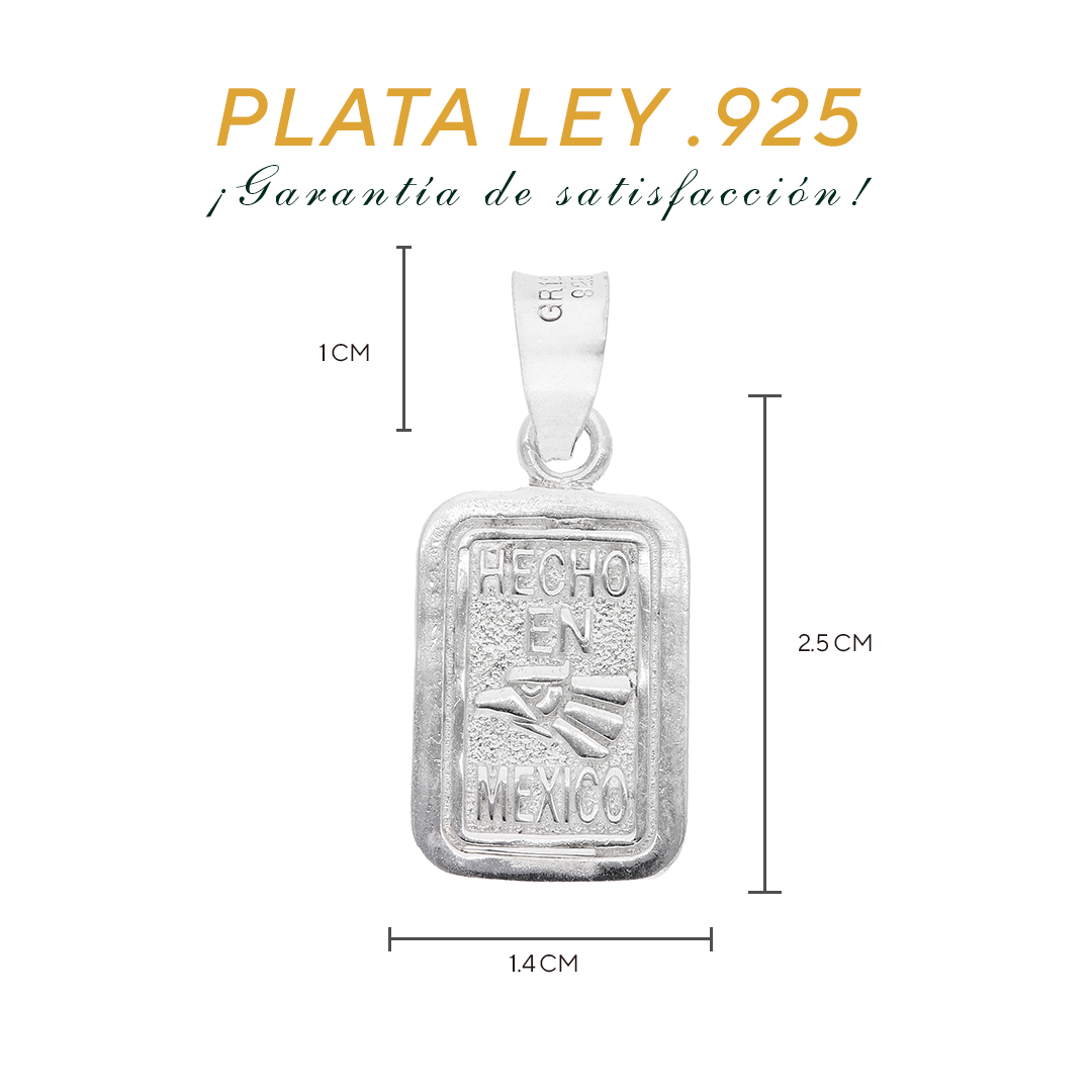 Medidas del dije placa: 2.5 cm alto × 1.4 cm ancho, bailén 1 cm — Plata Ley .925