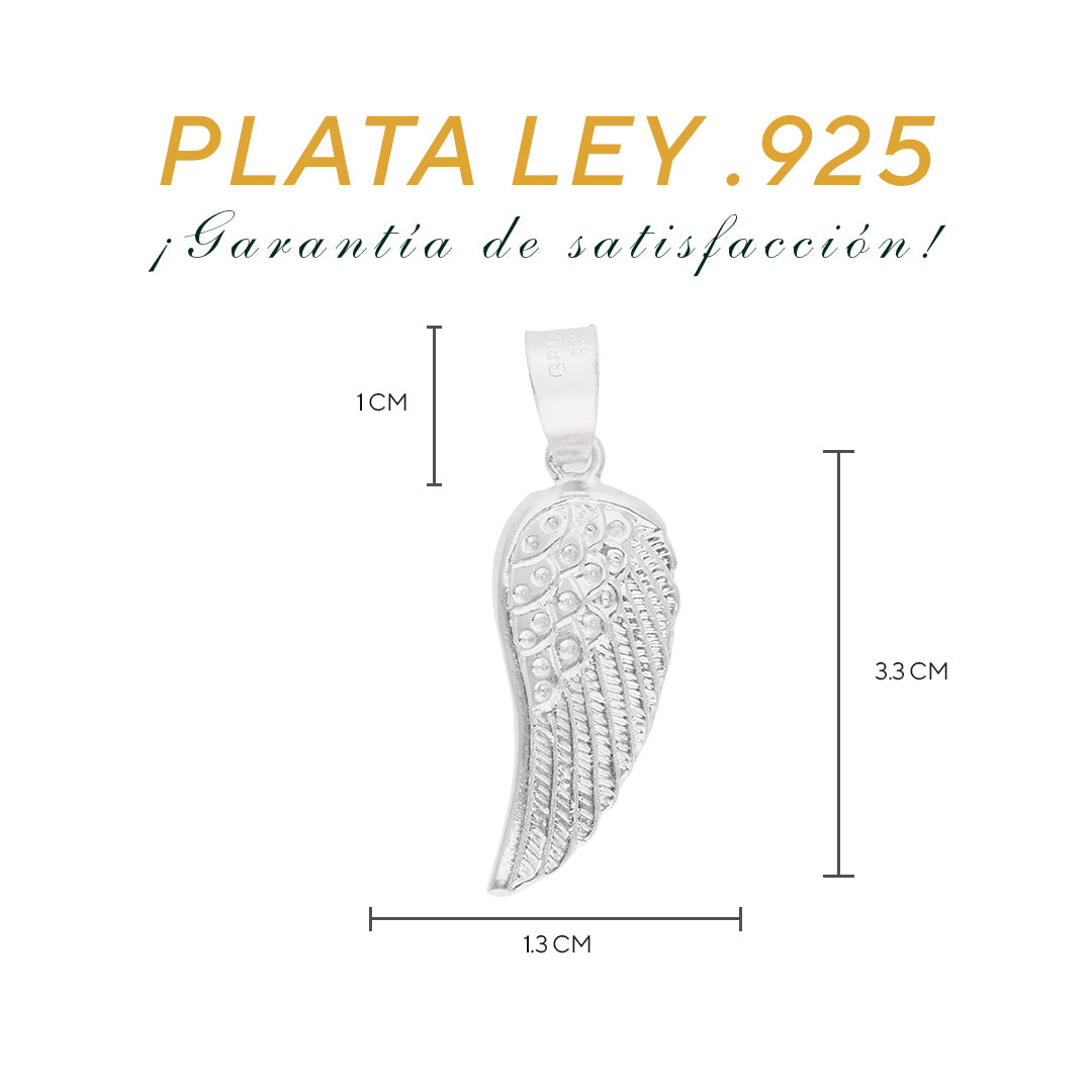Medidas del dije ala de ángel: 3.3 cm alto × 1.3 cm ancho, argolla 1 cm – Plata Ley .925